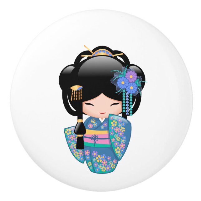 Keiko Kokeshi Doll - Blue Kimono Geisha Girl Ceramic Knob (Front)