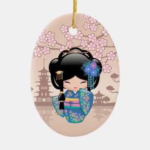 Keiko Kokeshi Doll - Blue Kimono Geisha Girl Ceramic Ornament