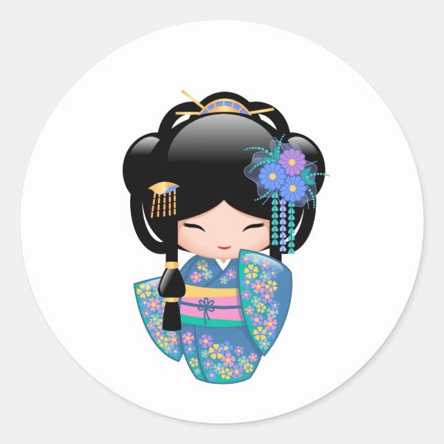 Keiko Kokeshi Doll - Blue Kimono Geisha Girl Classic Round Sticker (Front)