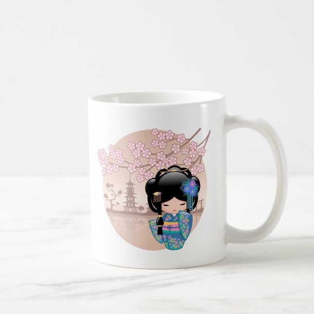 Keiko Kokeshi Doll - Blue Kimono Geisha Girl Coffe Coffee Mug (Right)