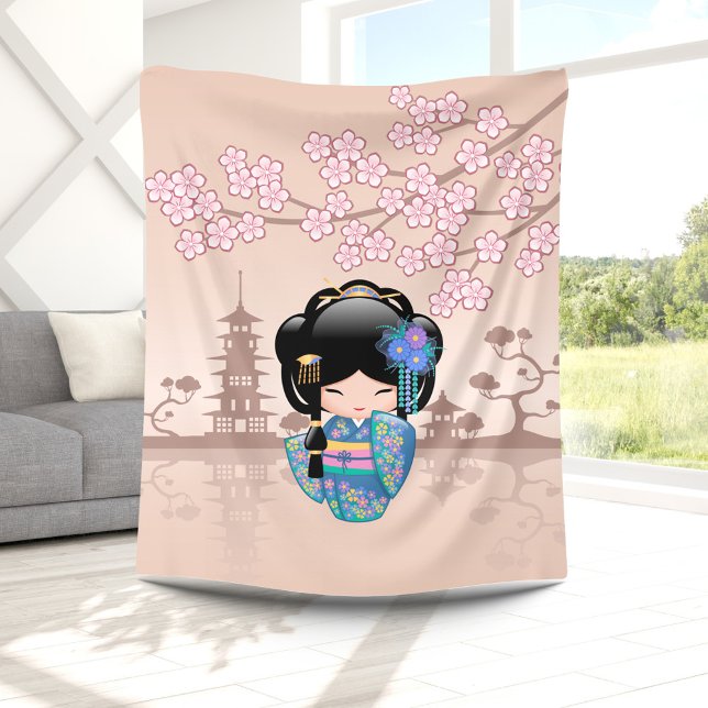 Keiko Kokeshi Doll - Blue Kimono Geisha Girl Fleece Blanket (Creator Uploaded)