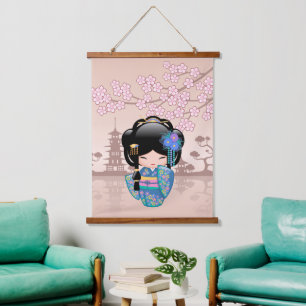 Keiko Kokeshi Doll - Blue Kimono Geisha Girl Hanging Tapestry