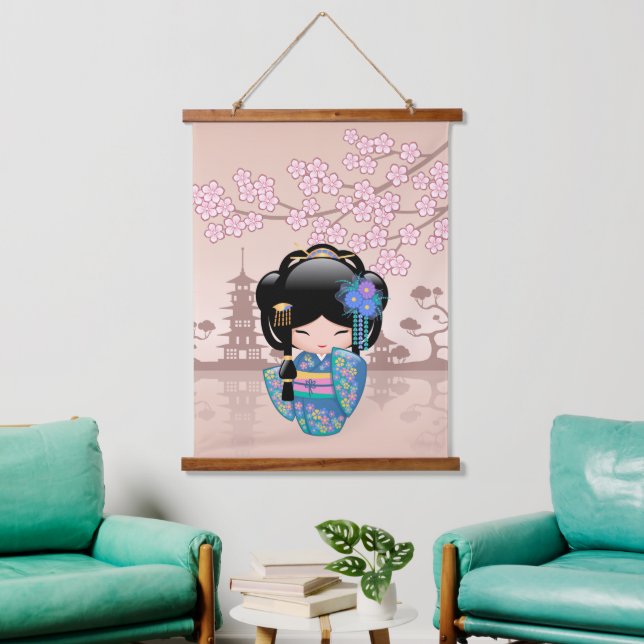 Keiko Kokeshi Doll - Blue Kimono Geisha Girl Hanging Tapestry (Living Room)