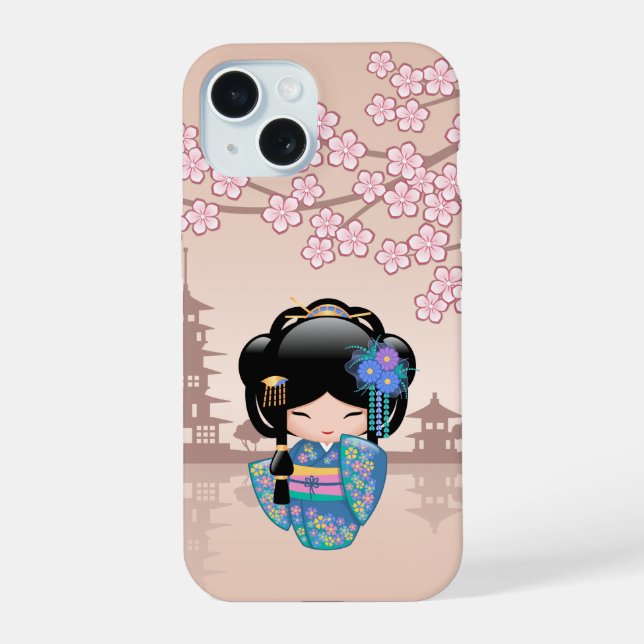 Keiko Kokeshi Doll - Blue Kimono Geisha Girl iPhone 15 Case (Back)
