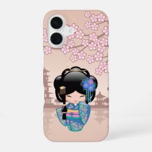 Keiko Kokeshi Doll - Blue Kimono Geisha Girl iPhone 16 Case