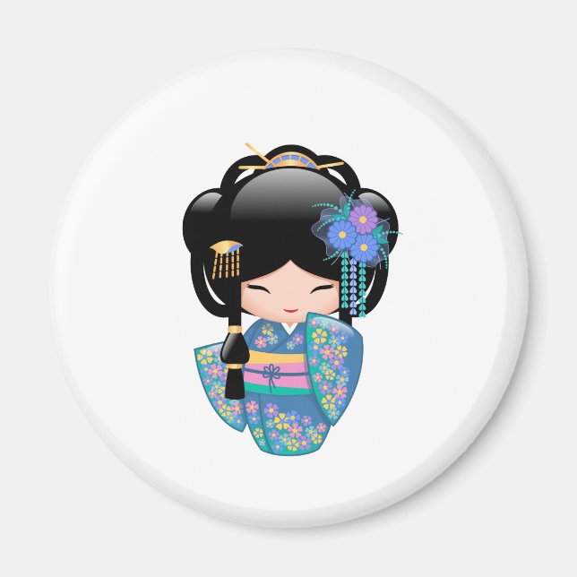 Keiko Kokeshi Doll - Blue Kimono Geisha Girl Magnet (Front)