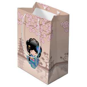 Keiko Kokeshi Doll - Blue Kimono Geisha Girl Medium Gift Bag