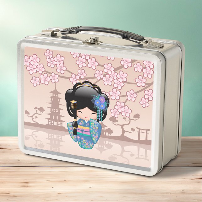 Keiko Kokeshi Doll - Blue Kimono Geisha Girl Metal Lunch Box (Creator Uploaded)