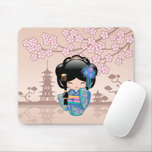 Keiko Kokeshi Doll - Blue Kimono Geisha Girl Mouse Pad