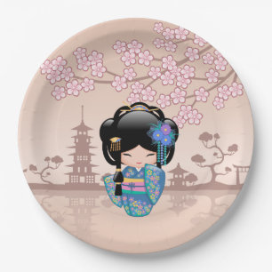 Keiko Kokeshi Doll - Blue Kimono Geisha Girl Paper Plate