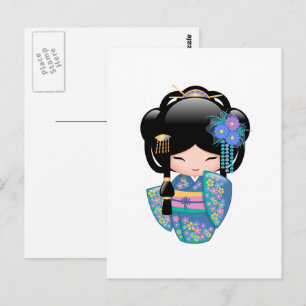 Keiko Kokeshi Doll - Blue Kimono Geisha Girl Postcard