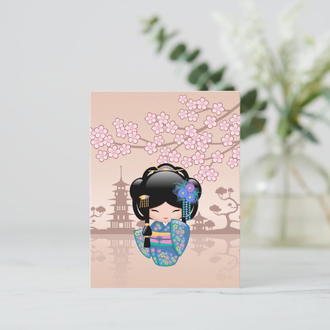 Keiko Kokeshi Doll - Blue Kimono Geisha Girl Postcard (Standing Front)