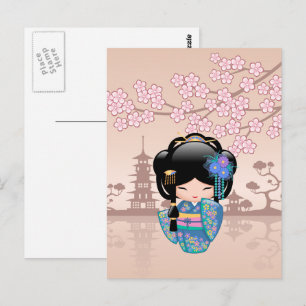 Keiko Kokeshi Doll - Blue Kimono Geisha Girl Postcard