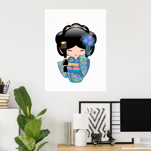 Keiko Kokeshi Doll - Blue Kimono Geisha Girl Poster (Home Office)