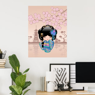 Keiko Kokeshi Doll - Blue Kimono Geisha Girl Poster