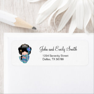 Keiko Kokeshi Doll - Blue Kimono Geisha Girl Return Address Label