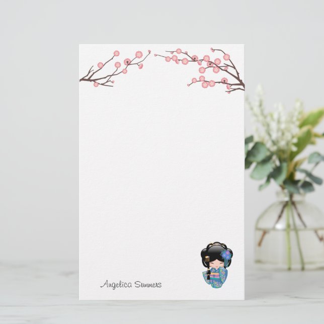 Keiko Kokeshi Doll - Blue Kimono Geisha Girl Stationery (Standing Front)