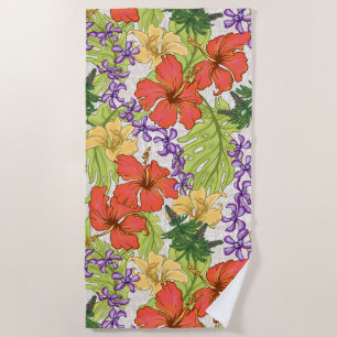 Keleah Tropical Hawaiian Hibiscus and Orchids Beach Towel