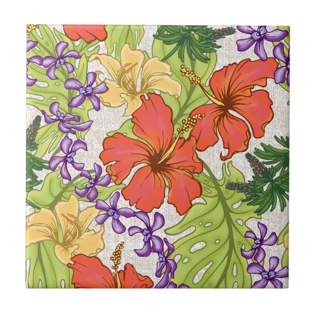 Keleah Tropical Hawaiian Hibiscus and Orchids Ceramic Tile (Front)
