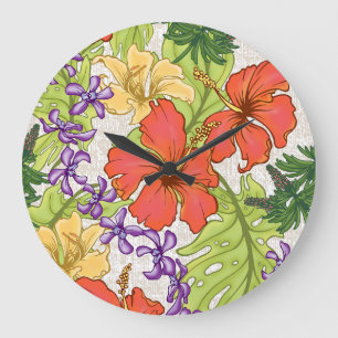 Keleah Tropical Hawaiian Hibiscus and Orchids Large Clock