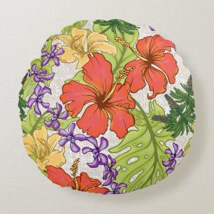 Keleah Tropical Hawaiian Hibiscus and Orchids Round Cushion