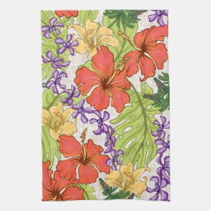 Keleah Tropical Hawaiian Hibiscus and Orchids Tea Towel