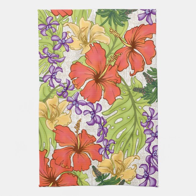 Keleah Tropical Hawaiian Hibiscus and Orchids Tea Towel (Vertical)