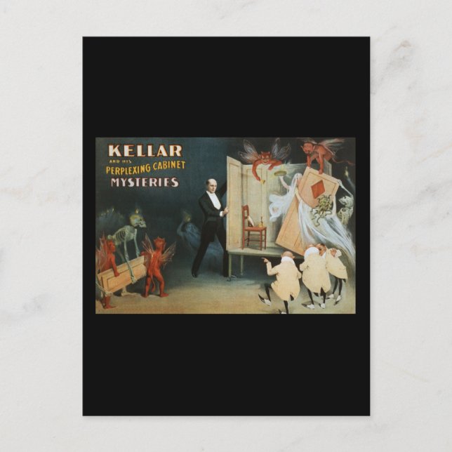 Kellar and his perplexing cabinet mysteries postcard (Front)