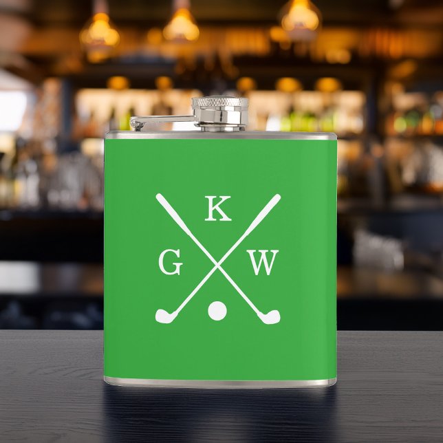 Kelly Green and White Golf Clubs Monogrammed Hip Flask (Creator Uploaded)