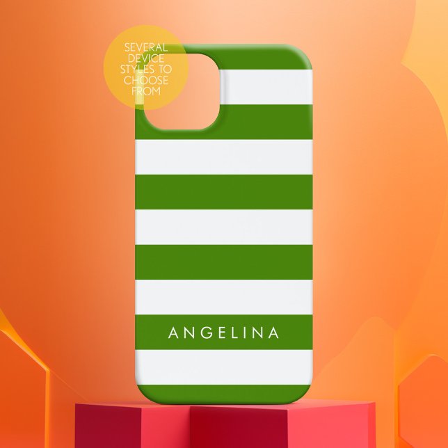 Kelly Green and White Striped Pattern Custom Name Case-Mate iPhone Case (Personalized Phone Case - Add Custom Text)