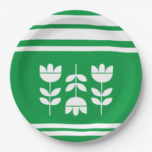 Kelly Green and white stripes and flowers Paper Plate