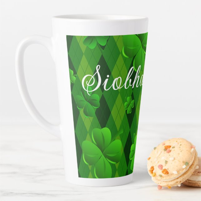 Kelly Green Argyle Irish Clovers Latte Mug (In Situ)