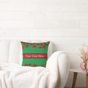 Kelly Green, Black & Red Floral Your text here Cushion