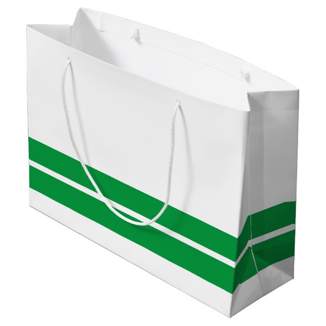 Kelly Green Bottom Edge Racing Stripes On White Large Gift Bag (Back Angled)