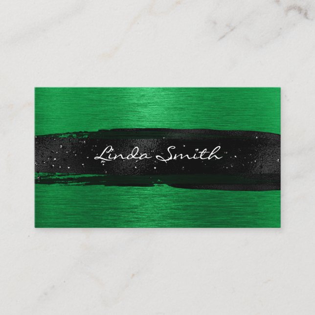 Kelly Green Brushed Metal Black Brush Strokes Business Card (Front)