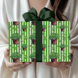 Kelly Green Cute Clover Pot St. Patrick Day Wrapping Paper