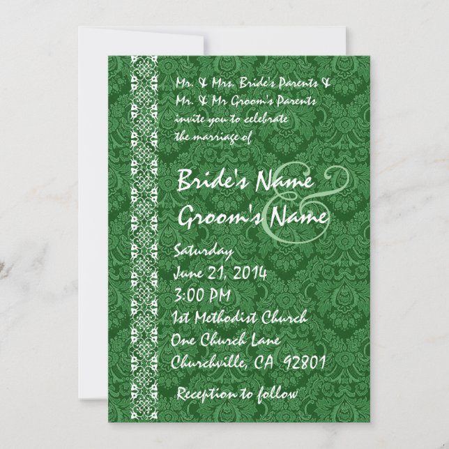 Kelly Green Damask Lace Wedding Invitations (Front)
