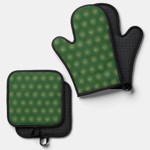 Kelly Green Golden Zinnia Flower Medallions Oven Mitt & Pot Holder Set