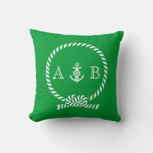 Kelly Green Nautical Rope and Anchor Monogram Cushion