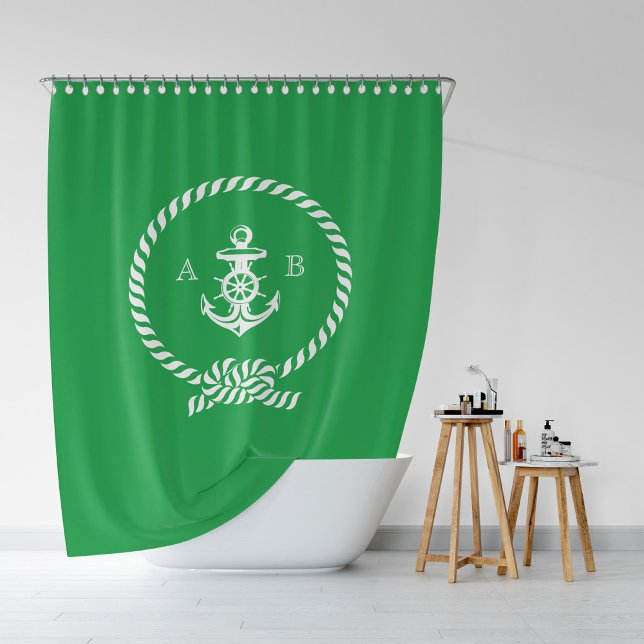Kelly Green Nautical Rope and Anchor Monogram Shower Curtain (Creator Uploaded)