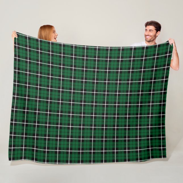 Kelly green plaid black white stipe tartan fleece blanket (In Situ)