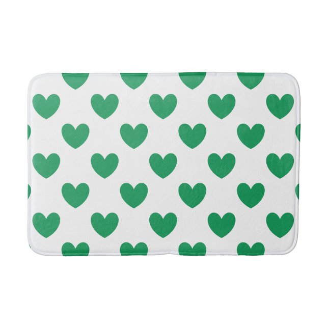 Kelly green polka hearts on white bath mat (Front)