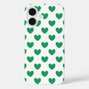 Kelly green polka hearts on white iPhone 16 case