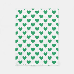 Kelly green polka hearts on white fleece blanket