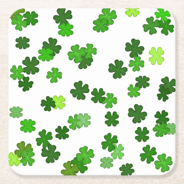 Kelly green “Shamrocks Falling” Square Paper Coaster (Front)