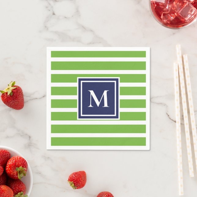 Kelly Green Stripe Modern Monogram Coastal Beach Napkin (Insitu)