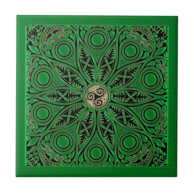 Kelly Green Triskele Mandala Ceramic Tile (Front)