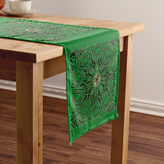 Kelly Green Triskele Mandala Long Table Runner (In Situ)