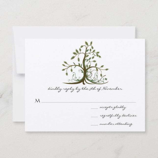 Kelly Green Whimsical Swirl Tree Wedding RSVP (Front)