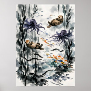 Kelp Forest Sumi-e Watercolor Art Poster